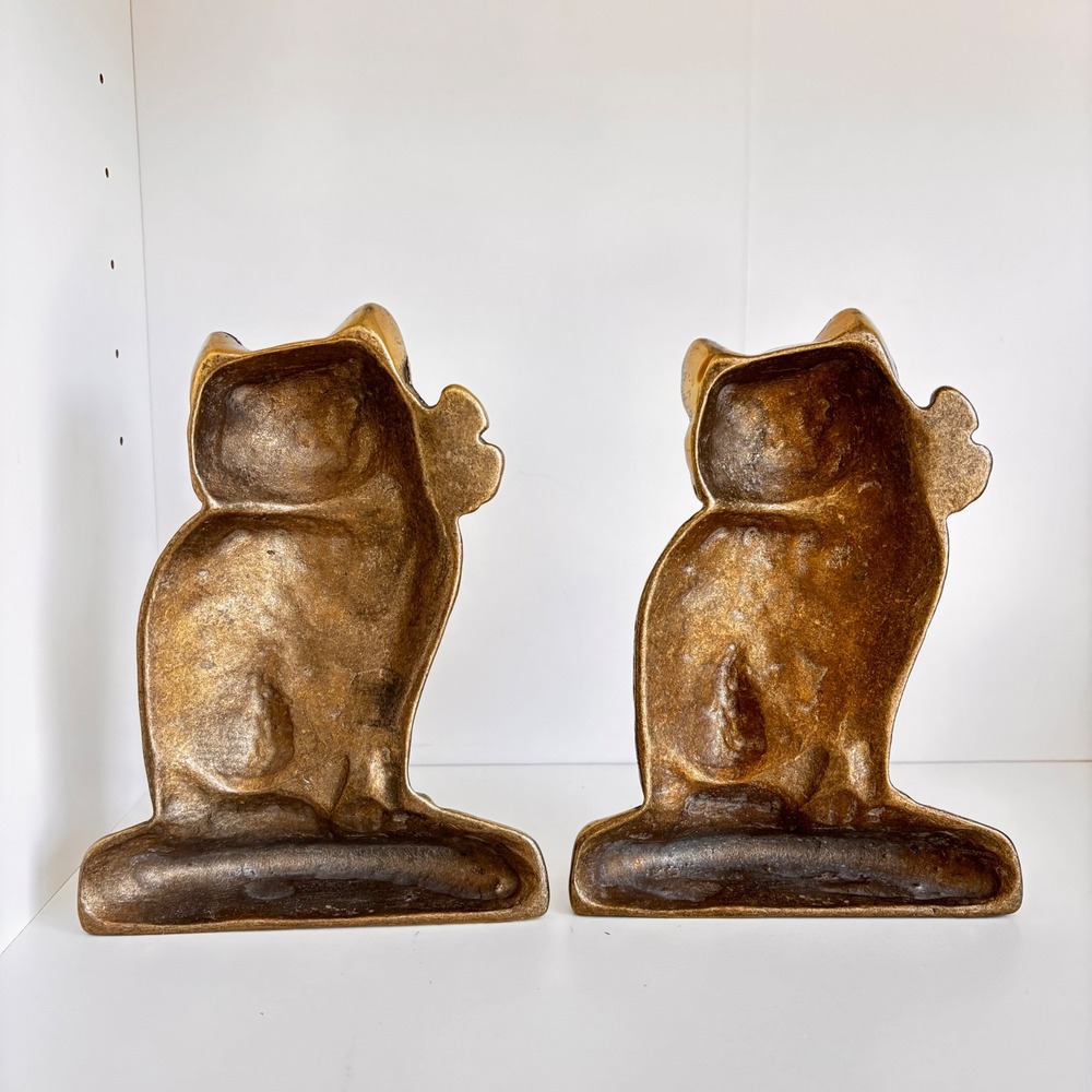 Vintage Brass Cat Bookends Set Heavy Gold Tone Sitting Tabby Feline Decor - Picture 5 of 8